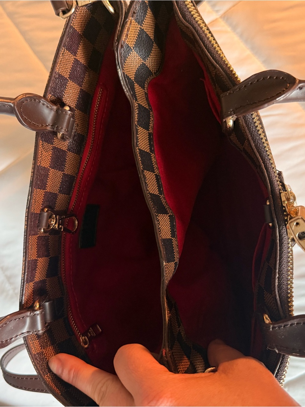 Brown Check Tote Bag with Red Interior